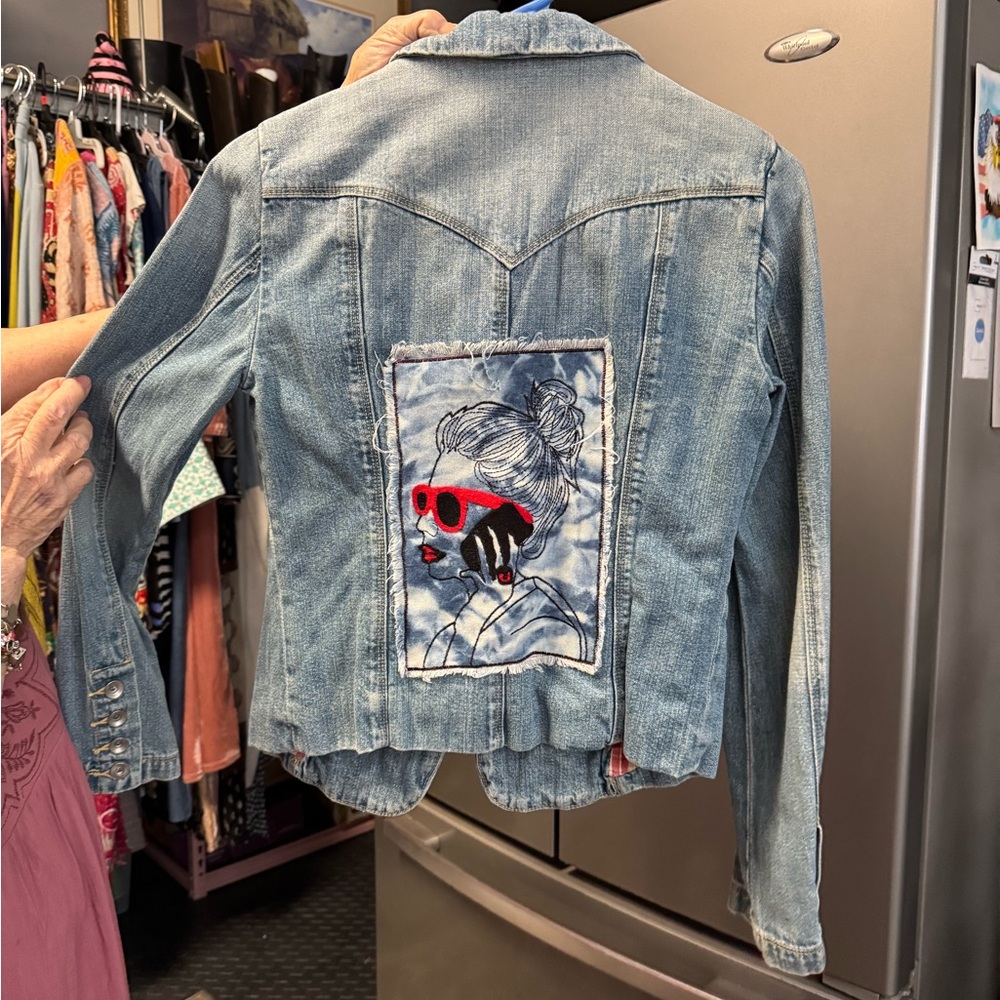 Miss Me Blue Denim Jacket with Artistic Face Patch - Picture 2 of 5